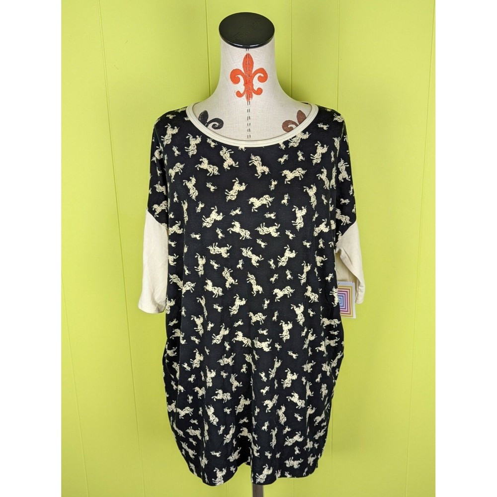 NWT LuLaRoe Irma Women’s Sz S Loose Top Tunic Unicorn Print Black Cream White